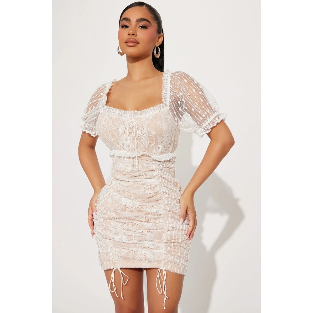 Story On Mini Bodycon Dress M White Beige Lace Overlay Ruched Coquette Romantic